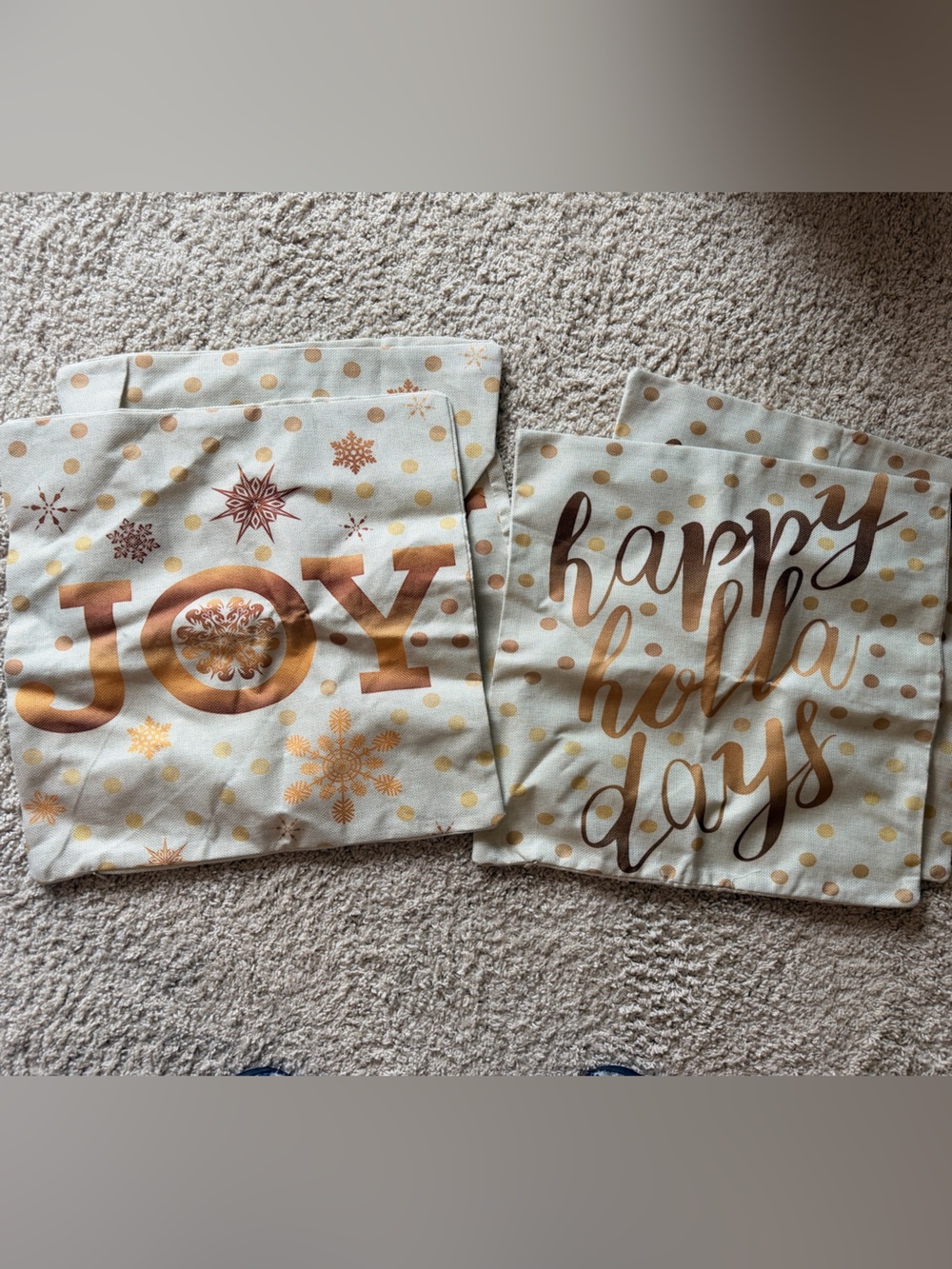 Cream and Gold 'Joy' AND ‘Happy holla days’ Holiday Pillow Cases -FOUR SET